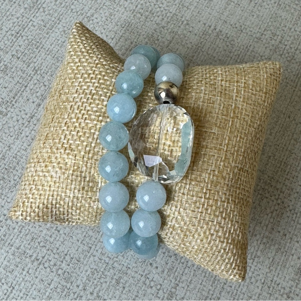 Blue agate bracelet set with crystal quartz focal bead sterling silver accent